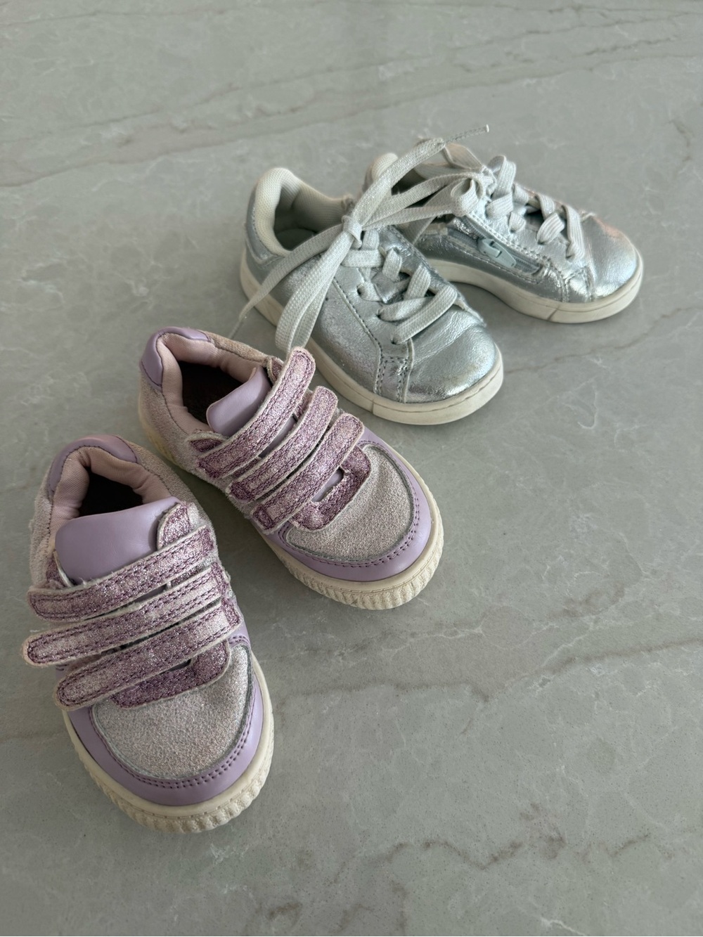 Kids Metallic Silver & Lilac Sneakers - Velcro and Lace Options/zip up